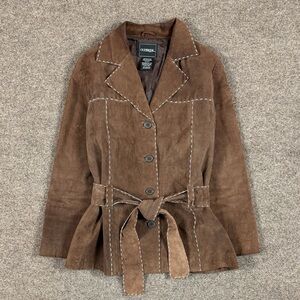 Outbrook Brown Suede Leather Belted Jacket Women’s Medium Contrast Stitching Y2K
